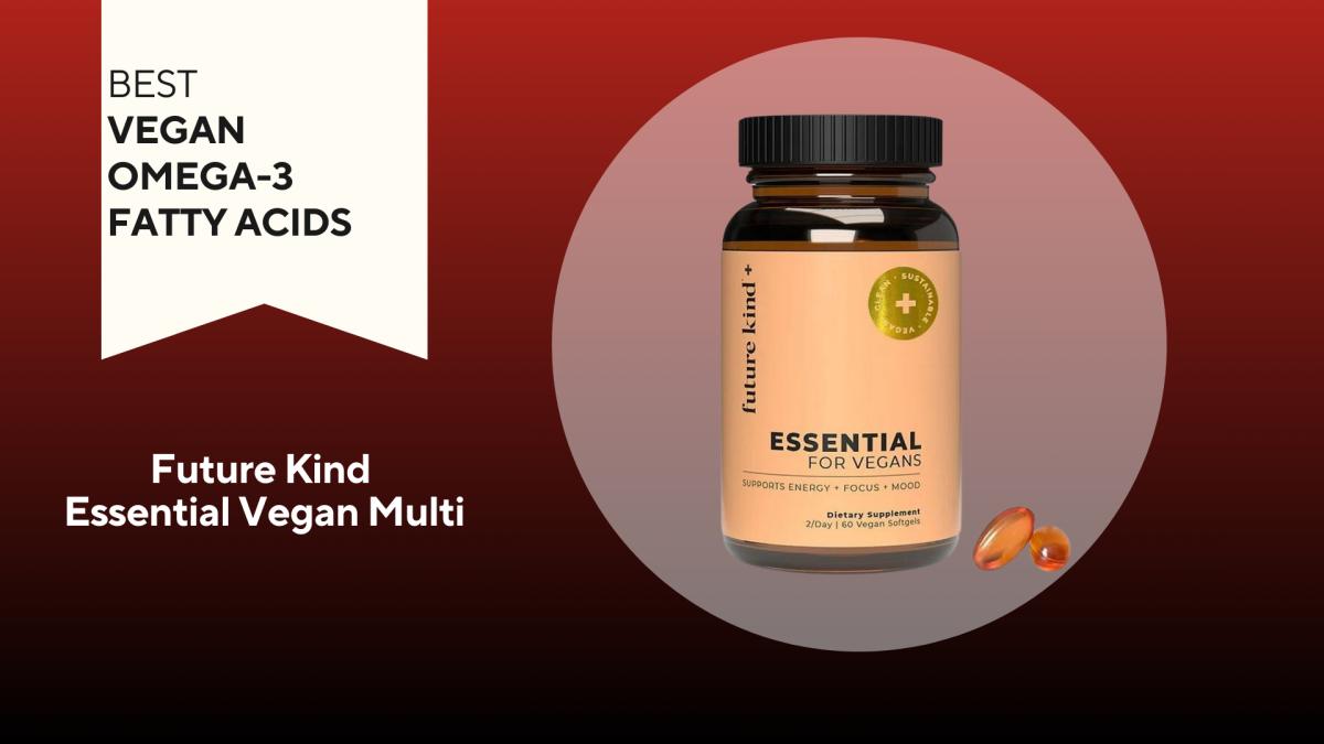 A red background with a white banner that says, "Best Vegan Omega-3 Fatty Acids" next to an amber and orange container that says Future Kind Essential for Vegans in black font